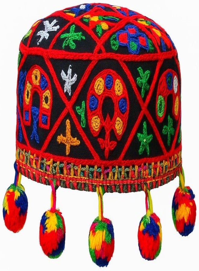 Doorbag قبعة قصيرة متعددة الألوان من Doorbag Navratri Garba Dandiya مزينة بدانتيل كوتشي، أو بوم بوم عشوائي، أو صدفة كودي لاتكان - غطاء رأس تقليدي فاخر للرجال والنساء (قبعة صغيرة بقاعدة سوداء) - Image 1